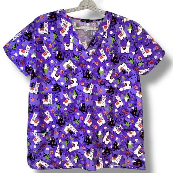 Cassandra O Tops - Cassandra O Scrub Top Llama’s Halloween Theme V Neck Short Sleeve Purple XL